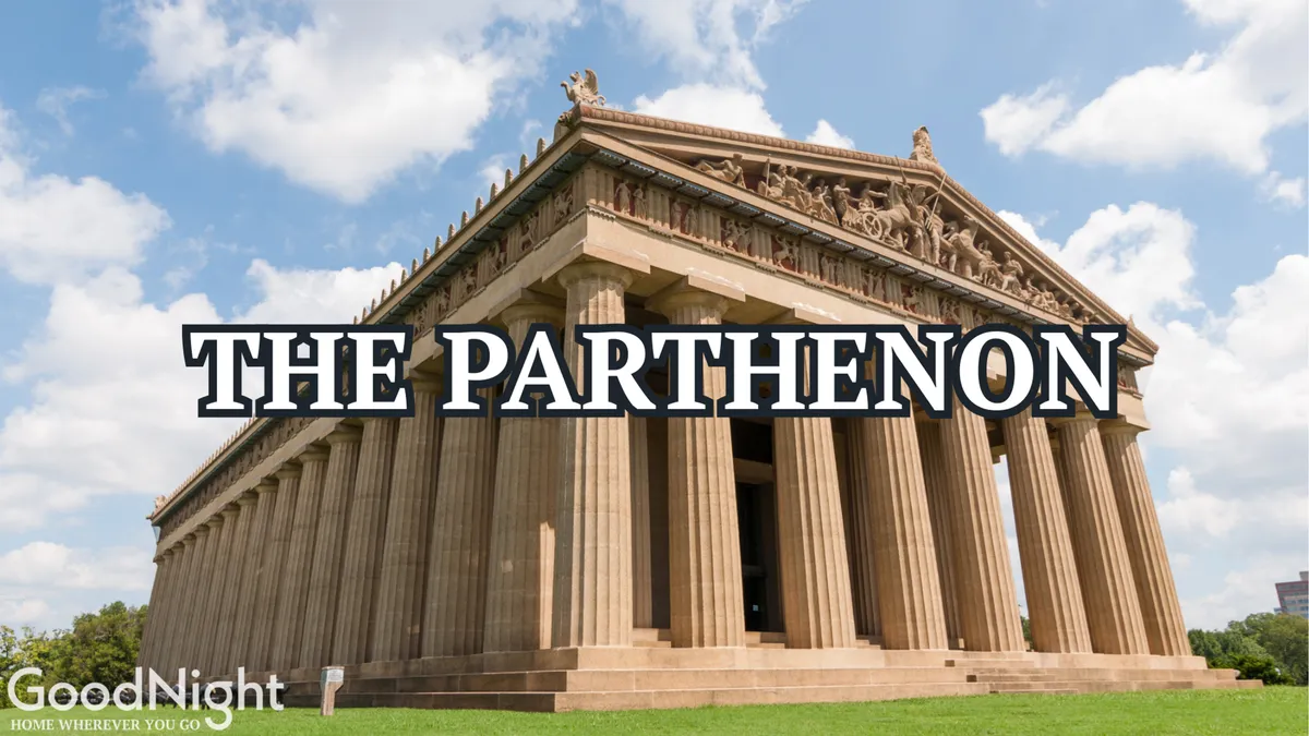 This image captures the iconic Parthenon structure at Centennial Park, with its detailed sculptures and friezes set against lush green grass. The scene is bright and welcoming, highlighting the grandeur of the landmark and the tranquility of the park setting.